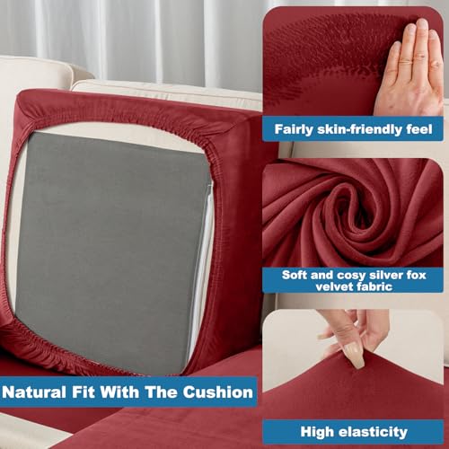 Taque Christmas Red 3-Piece Velvet Stretch Sofa Cushion Covers, Elastic Slipcovers for 21-24" Cushions