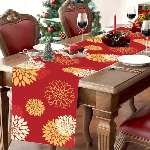 WHOMEAF Red Yellow Dahlia Burlap Table Runner 13 x 48 Inch - Christmas Decor