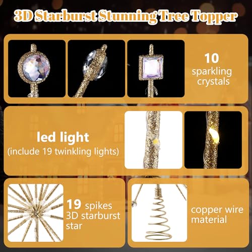 ElectricWise 15-Inch Gold LED Starburst Christmas Tree Topper with Timer & Battery