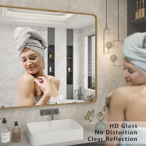 Charmor 28x32 Inch Gold Bathroom Vanity Mirror with Brushed Frame, Tempered Glass