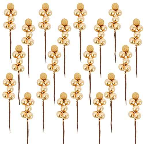 24 Pack Artificial Gold Christmas Glitter Berries Stems, Christmas Holly Berry Picks for DIY Crafts Wreath Garland Party Christmas Tree Ornaments Winter Decorations