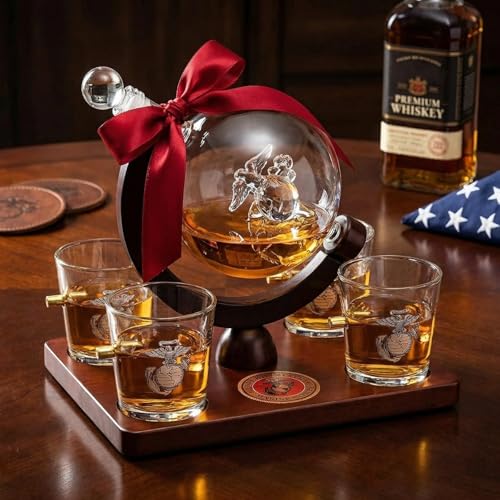 USMC Whiskey Decanter Set with Globe & Glasses - Military Gift for Men