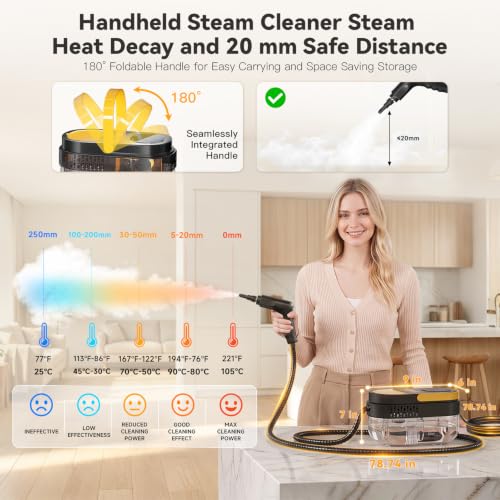 Gautye Handheld Steam Cleaner with 3 Adjustable Levels & 15 Accessories - Dark Black