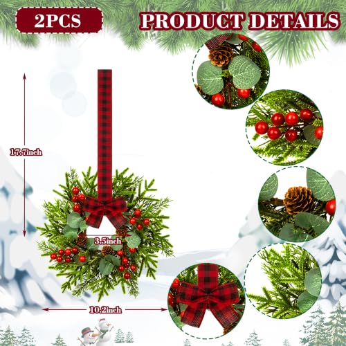 JUSTOTRY 2pc Mini Christmas Wreath with Red Berry Pine Eucalyptus - Kitchen Cabinet Window Decor