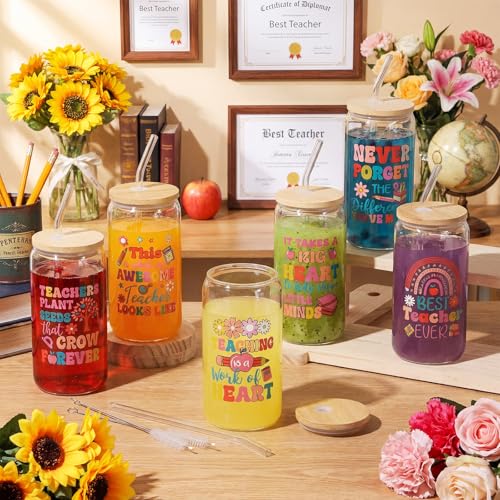Amyhill Boho Teacher Appreciation Gifts 16oz Glass Cups with Lids & Straws