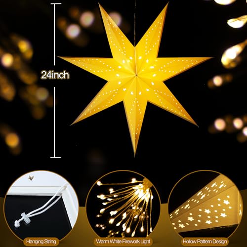 Hiboom 4 Pack 24 Inch Paper Star Lanterns with 8 Mode LED String Lights for Indoor Outdoor Decor, Wedding, Christmas, Party