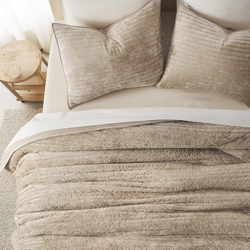 EverGrace King Size Velvet Quilt Set Beige Taupe Luxury Channel Stripe Bedding