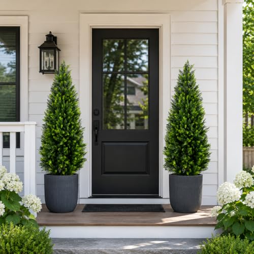 4ft Artificial Cedar Topiary Trees Set of 2 with Ground Spikes - Realistic Outdoor Faux Plants
