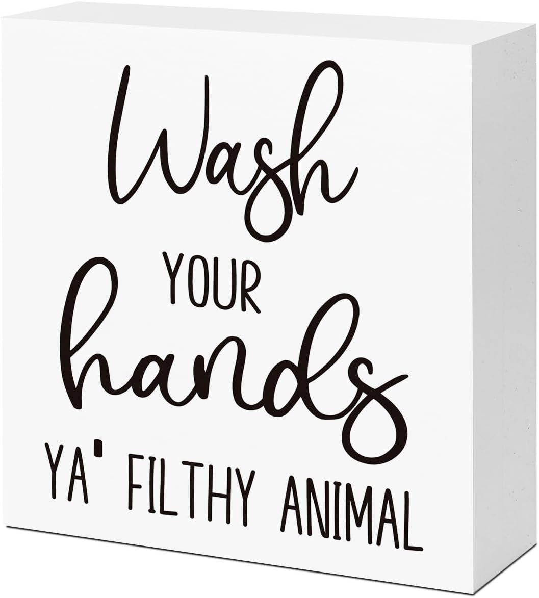 LVQHI Funny Wash Your Hands Sign - Rustic Bathroom Decor for Shelves & Tabletops
