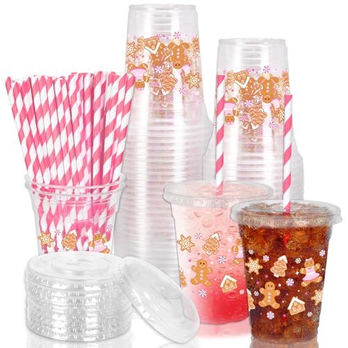 50 Pack Christmas Disposable Plastic Cups with Lids & Straws - Pink Gingerbread Theme, 12oz Party Supplies