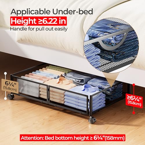 Under Bed Storage with Wheels - 2 Pack Black Shoe & Clothes Organizers