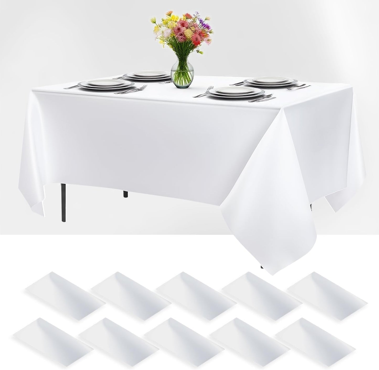 White Tablecloths for Rectangle Tables 10 Pack 60 x 126 Inches Reusable and Washable Table Clothes for 6-8 Ft Tables Polyester Fabric Wrinkle Resistant Heat Proof Table Covers for Wedding Party
