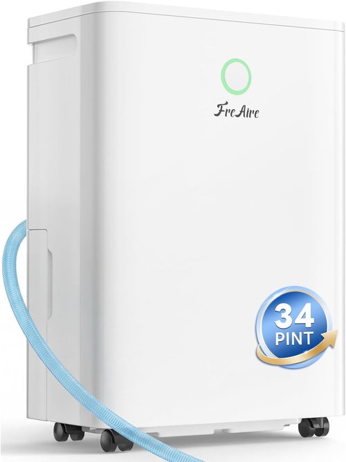 FreAire Dehumidifier - 34 Pint Capacity for 2500 Sq.Ft | Quiet Operation with 6.56FT Drain Hose & 3-Color Humidity Light