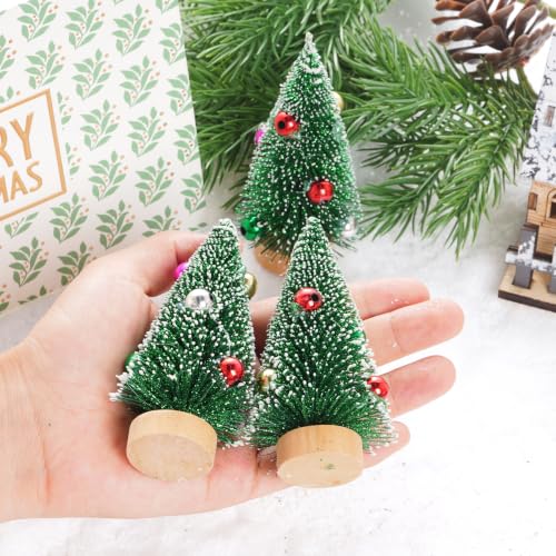 Yookat 12Pcs Mini Green Christmas Trees with Beads & Snow Frost, Sisal & Bottle Brush