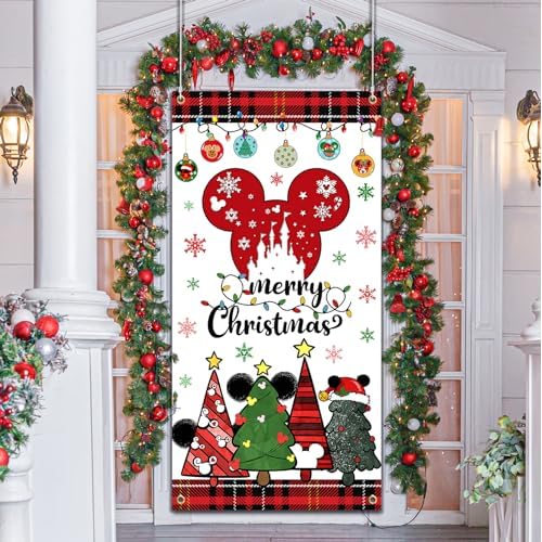Mouse Christmas Door Cover Decoration,Merry Christmas Door Hanging Backdrop for 2023 Cartoon Mouse Theme Xmas Winter Holiday Supplies