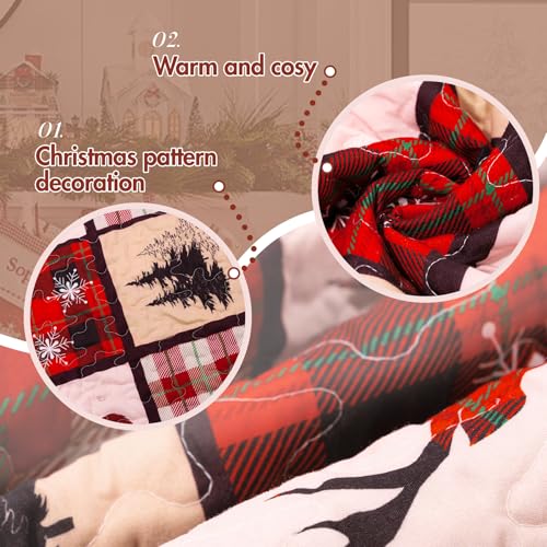 Elk King Christmas Quilt Set by ROMROL - Red Plaid with Reindeer, 96x106" Bed Quilt + 2 Pillowcases