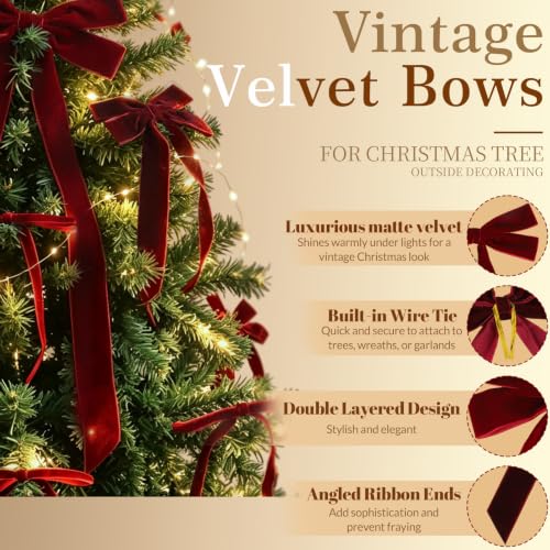 Fangoo 36Pcs Burgundy Red Velvet Ribbon Bows for Christmas Tree
