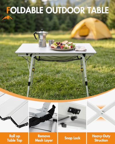 Outdoor Folding Picnic Camping Table - Silver, Large 35.4"L x 20.9"W, Adjustable Height, Roll Up Top & Mesh Layer