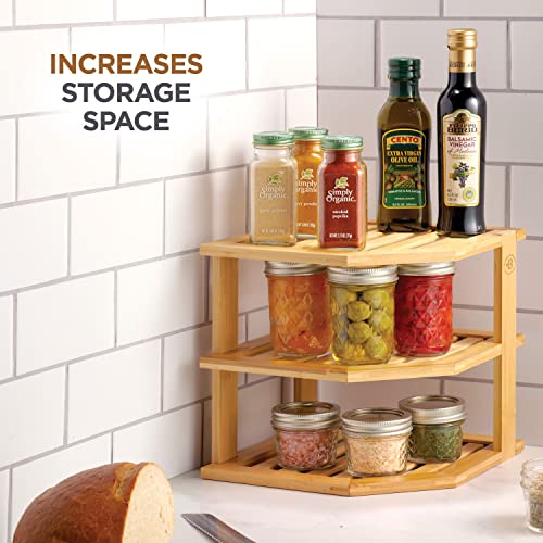 Bamboo Plate Organizer 3-Tier Corner Shelf Riser Set - Natural 2 Pack