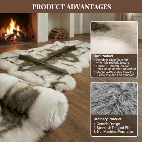 Reindeer Pattern Faux Fur Area Rug - 6.7x2.3 ft Plush Machine Washable Runner for Fireplace & Bedside - Eco-Friendly Luxury Home Decor