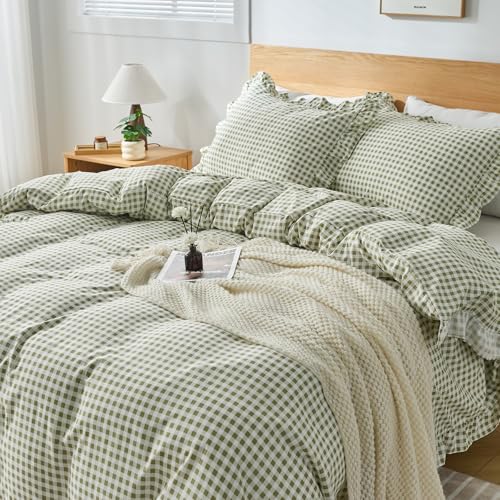 Kisswish Sage Green Queen Gingham Duvet Cover Set with Pillow Shams, Vintage Farmhouse Style
