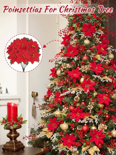 Artflower 12 Pack Poinsettias Artificial Christmas Flowers – Velvet Red Faux Poinsettias for Tree, Home & Outdoor Decor