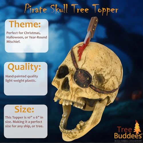 Tree Buddees Creepy Pirate Skull Tree Topper - 10 Inch Halloween & Christmas Decor