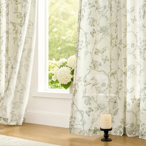 Charlotte Green Linen Floral Curtains - Farmhouse 50x84 Inches, Pack of 2