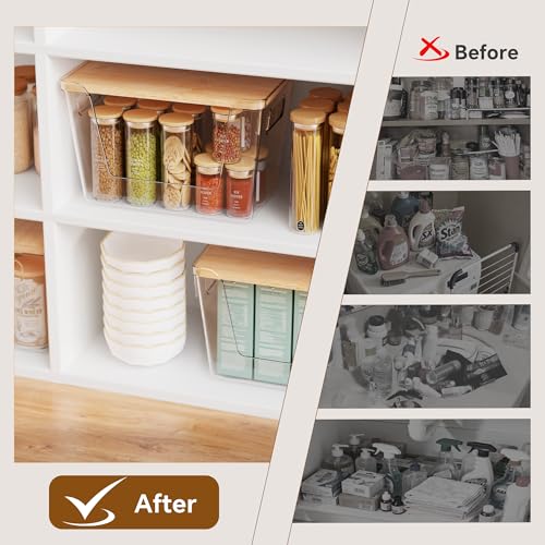 Criusia 4 Pack Large Stackable Pantry Organizers with Bamboo Lids for Kitchen Storage