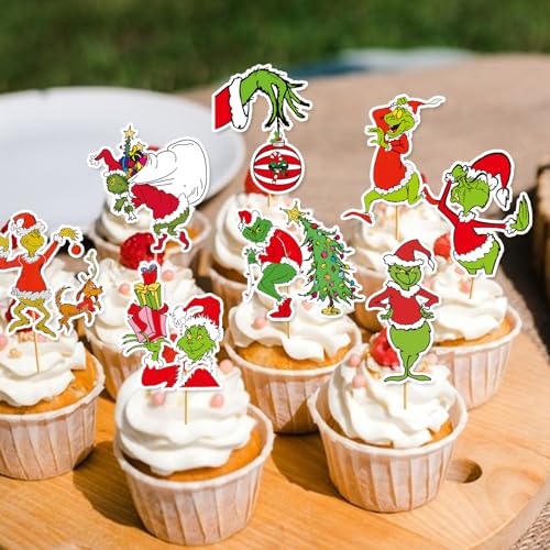 36Pcs Merry Christmas Cupcake Toppers for Christmas Birthday Decorations Whoville Decorations Party Supplies