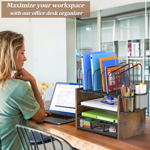 DAOUTIME 4-Tier Mesh Desk Organizer with Drawer and Pen Holders - Wooden Office Storage