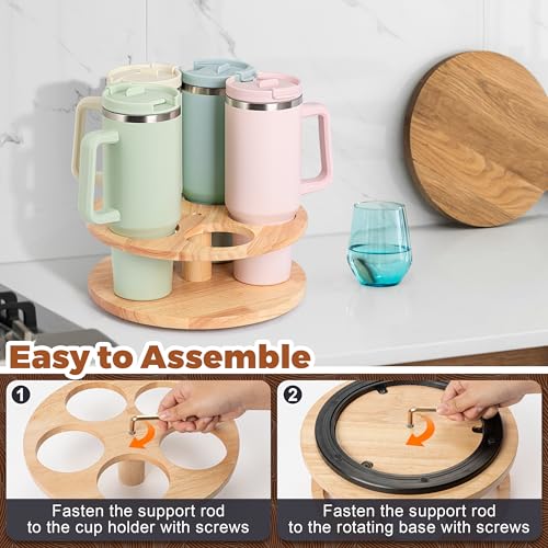 Water Bottle Organizer for Stanley Cups 20oz-40oz - Yellow - 360° Rotating Wooden Tumbler Holder