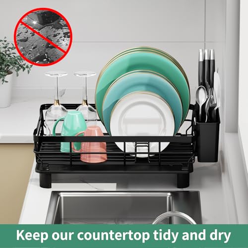 Kitchen Dish Drying Rack with Drainboard - Black, 13 x 17 Inches