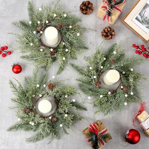Farmhouse 12PCS Christmas Candle Ring Wreath Mini Pine Garland Frosted Cedar Pine Cones