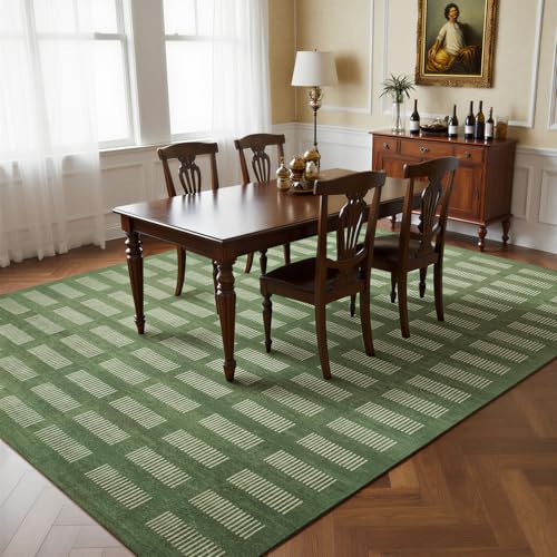 Sage Green 8x10 Washable Area Rug - Soft Faux Wool Retro Carpet with Non-Slip Backing