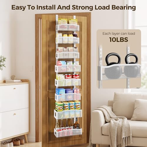 Over-the-Door Pantry Organizer 8 Tiers - White, Adjustable Spice Rack