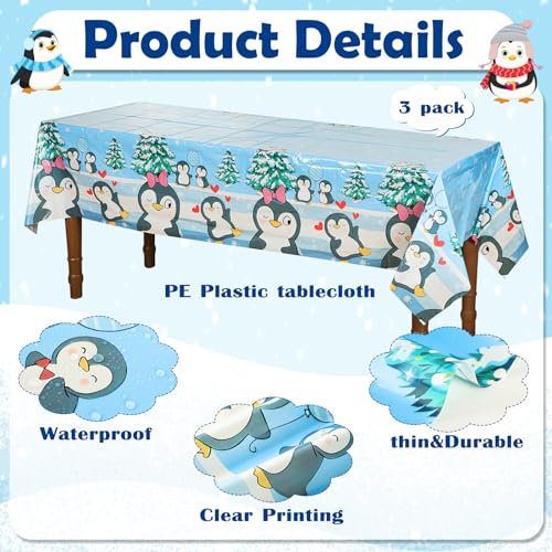Buryeah 3 Pcs Penguin Tablecloth Birthday Party Decorations Supplies Plastic Penguin Table Cover Snowflake Tablecloth Disposable for Christmas Theme Party Decoration, 51 x 87 Inch