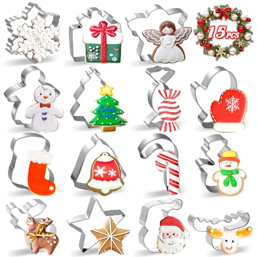 15Pcs Christmas Cookie Cutters Set - Stainless Steel Holiday Baking Molds with Snowflake, Star, Snowman & Winter Glove Shapes