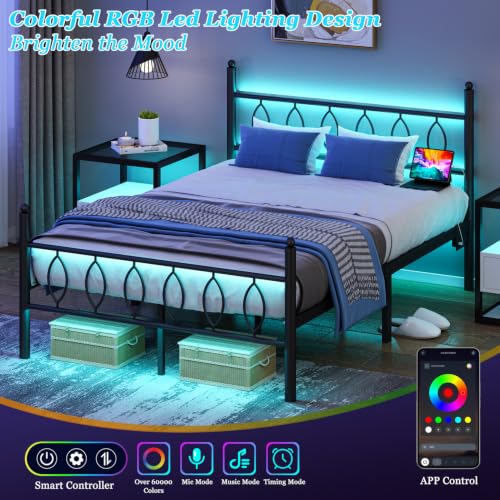 Black Full Size Bed Frame with Headboard, LED Lights & Charging Station - Variation of THIS listing