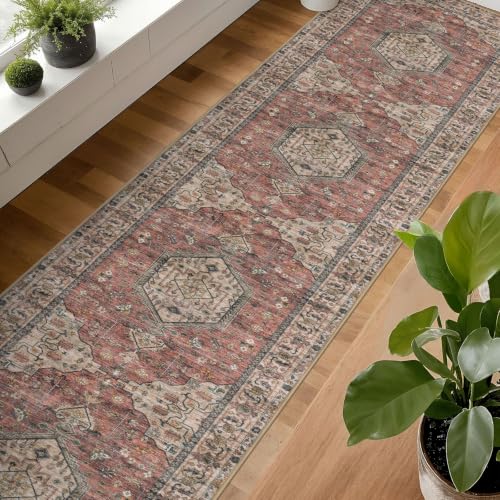 Extra Long Runner Rug for Hallway 2.6x20 ft - Washable Terracotta Pink Non-Slip