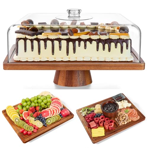 Rectangular Acacia Wood Cake Stand with Lid - 17 x 13 Inches, 2-in-1 Serving & Display