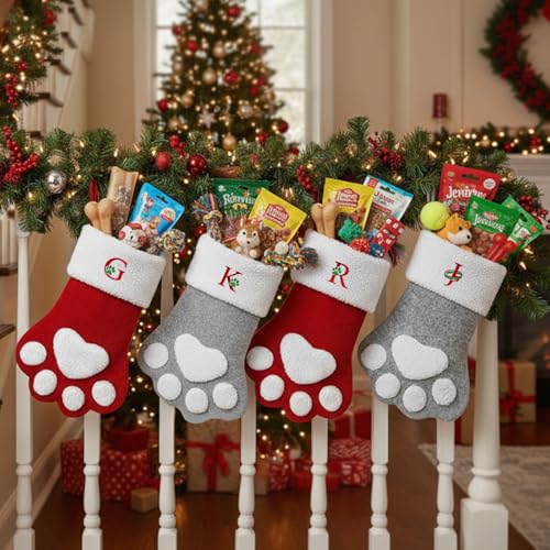 Pet Christmas Stocking with Initials - Large Embroidered Monogram Paw Shape, Red Paw Letter K