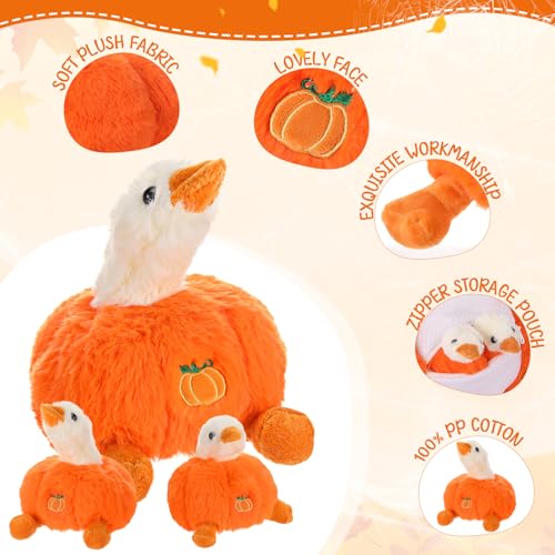 Halloween Pumpkin Goose Gift Stuffed Animals, 5 in 1 Cute Mommy Stuffed Goose Plush with 4 Small Geese, Geese Plushies Pillow for Birthday Gifts Thanksgiving Party Favor Decor(Orange)