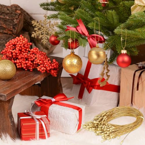 DIYASY 300Pcs Christmas Ornament String Hooks, Gold Ornaments Hangers for Christmas Tree Ribbon Hanger Strings Decorations with Snap Fastener Polyester Precut Hanging Ropes
