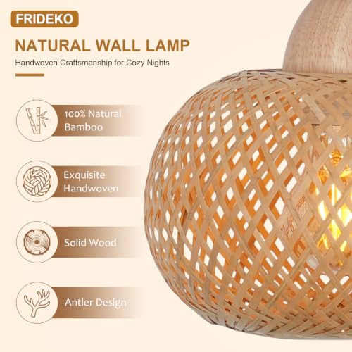 Orange Bamboo Wall Sconce - Hand Woven Rattan Farmhouse Wall Lamp with Plug-in Cord