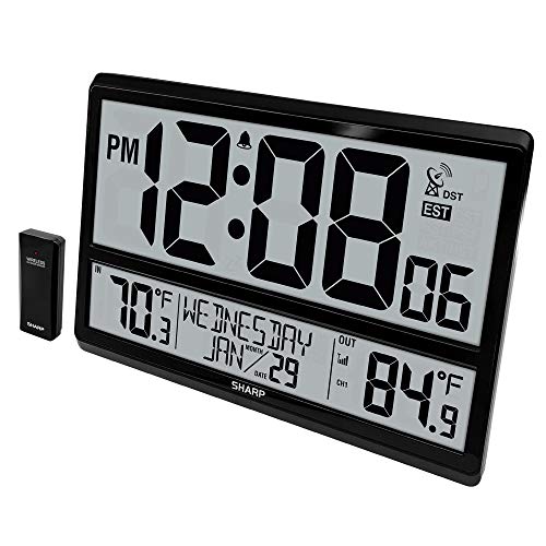 Sharp Atomic Clock with 4-Inch Display, Outdoor Sensor, Battery