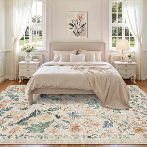 Beige 8x10 Boho Floral Washable Area Rug for Living Room & Bedroom