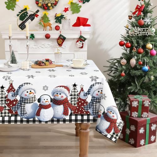 QIALETS 60x120 Inch Christmas Tablecloth, Snowman & Buffalo Plaid Tree Design, Water-Resistant
