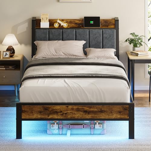 Twin Size Bed Frame with USB Charging Station & Smart LED Lights - Gray Upholstered Headboard