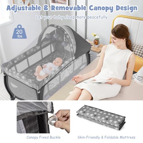 Baby Joy 4-in-1 Portable Baby Playard with Canopy & Changing Table - White Star